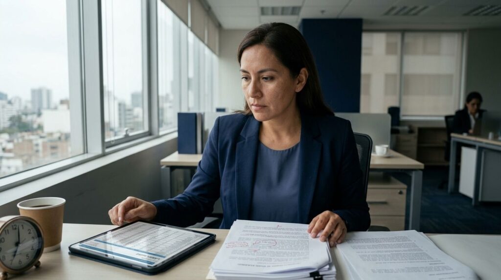 Directora legal y de recursos humanos analizando documentos de compliance corporativo para evitar multas de SUNAFIL en la gestión de tiempos y asistencia.