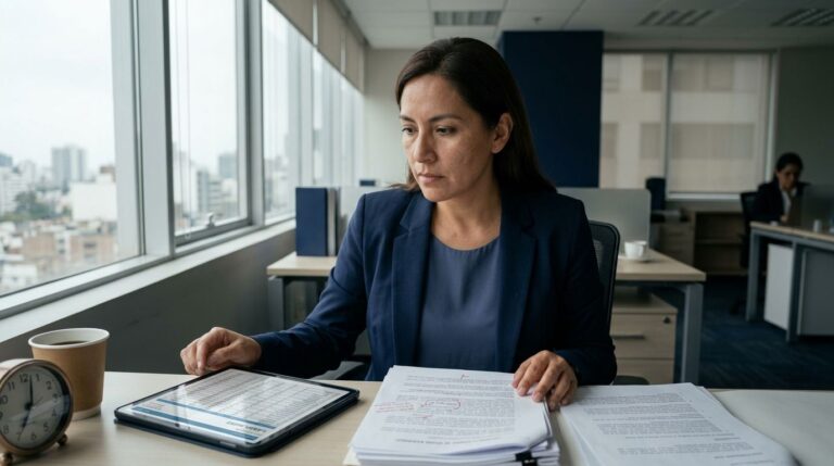 Directora legal y de recursos humanos analizando documentos de compliance corporativo para evitar multas de SUNAFIL en la gestión de tiempos y asistencia.