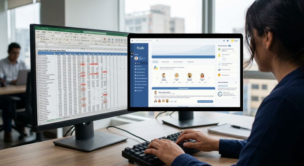 Comparativa visual en monitores entre el procesamiento manual de nóminas en Excel y el panel moderno de automatización de planillas del software Buk.